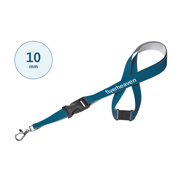 Lanyard mit Steckschnalle und Sicherheitsverschluss im Nacken mit Bandbreite 10 mm Bedrucktes Lanyard mit Steckschnalle und Sicherheitsverschluss im Nacken mit einer Bandbreite 10 mm